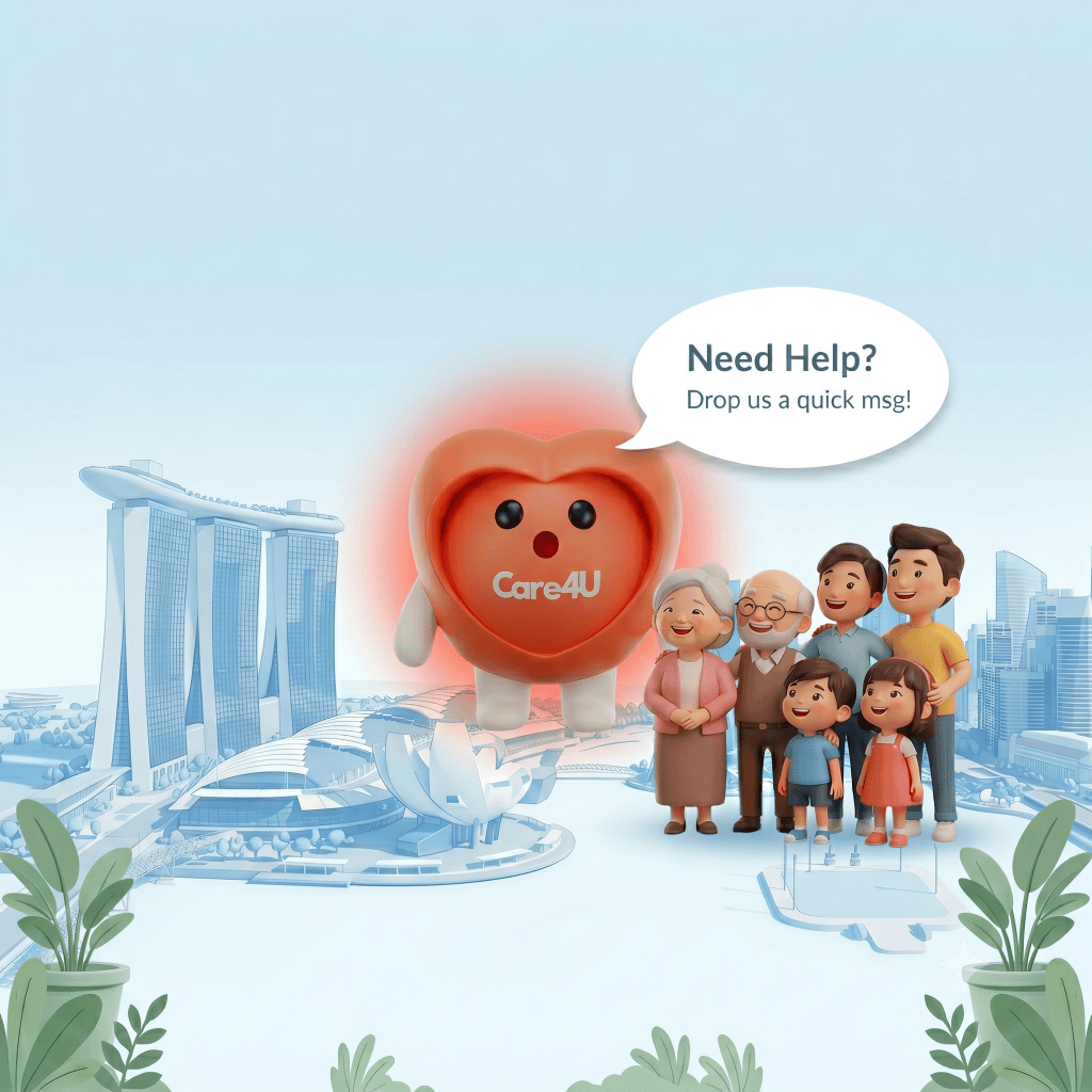 A friendly character in a heart-shaped design labeled 'Care4U' stands in front of a diverse family, all smiling and looking towards the viewer. The backdrop features a stylized cityscape with notable landmarks and greenery. A speech bubble above the character reads, 'Need Help? Drop us a quick msg!'